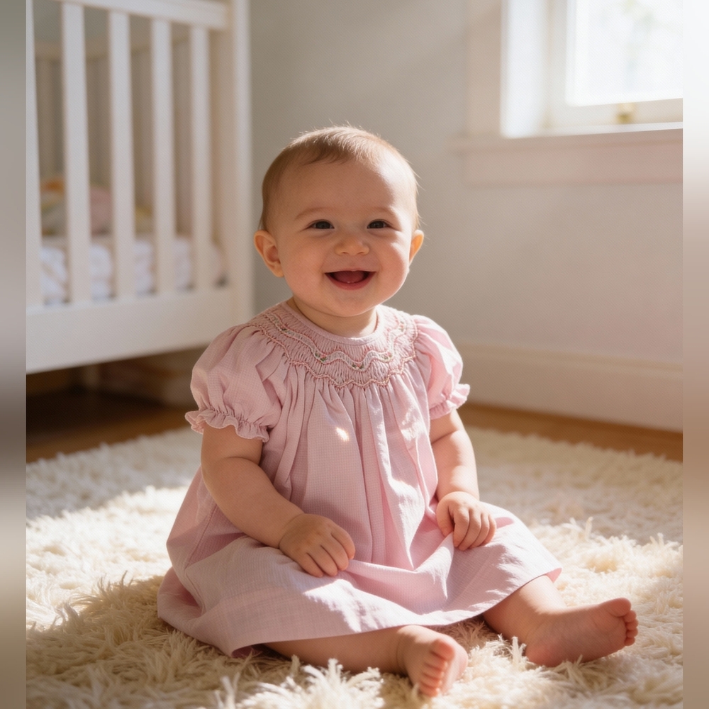 Petit Ami Pink Bishop Zig Zag Smocked Baby Heirloom Dress